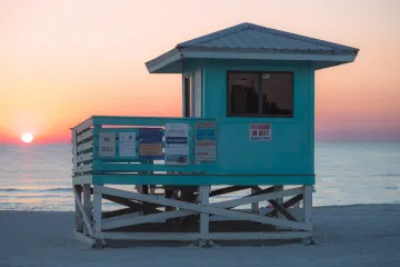 Venice Beach, Venice, Florida: Pastel Lifeguard Stand at Sunset